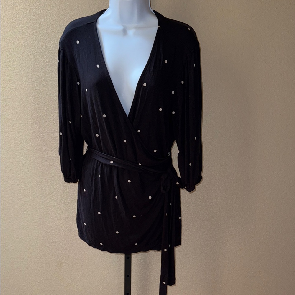 Halogen Black with White Polka Dot Wrap Top V-Neck 3/4 Sleeves Size 2X - Picture 2 of 7